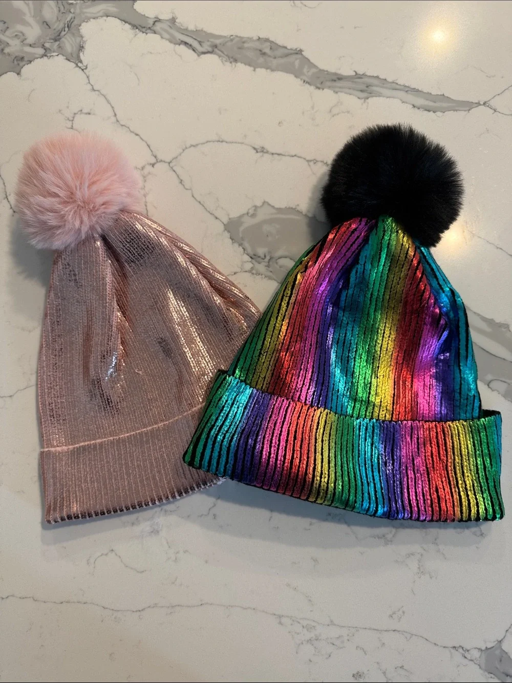 Kids Metallic Beanie with Black Pom + Pink Shimmer Pom Pom Hat Set
